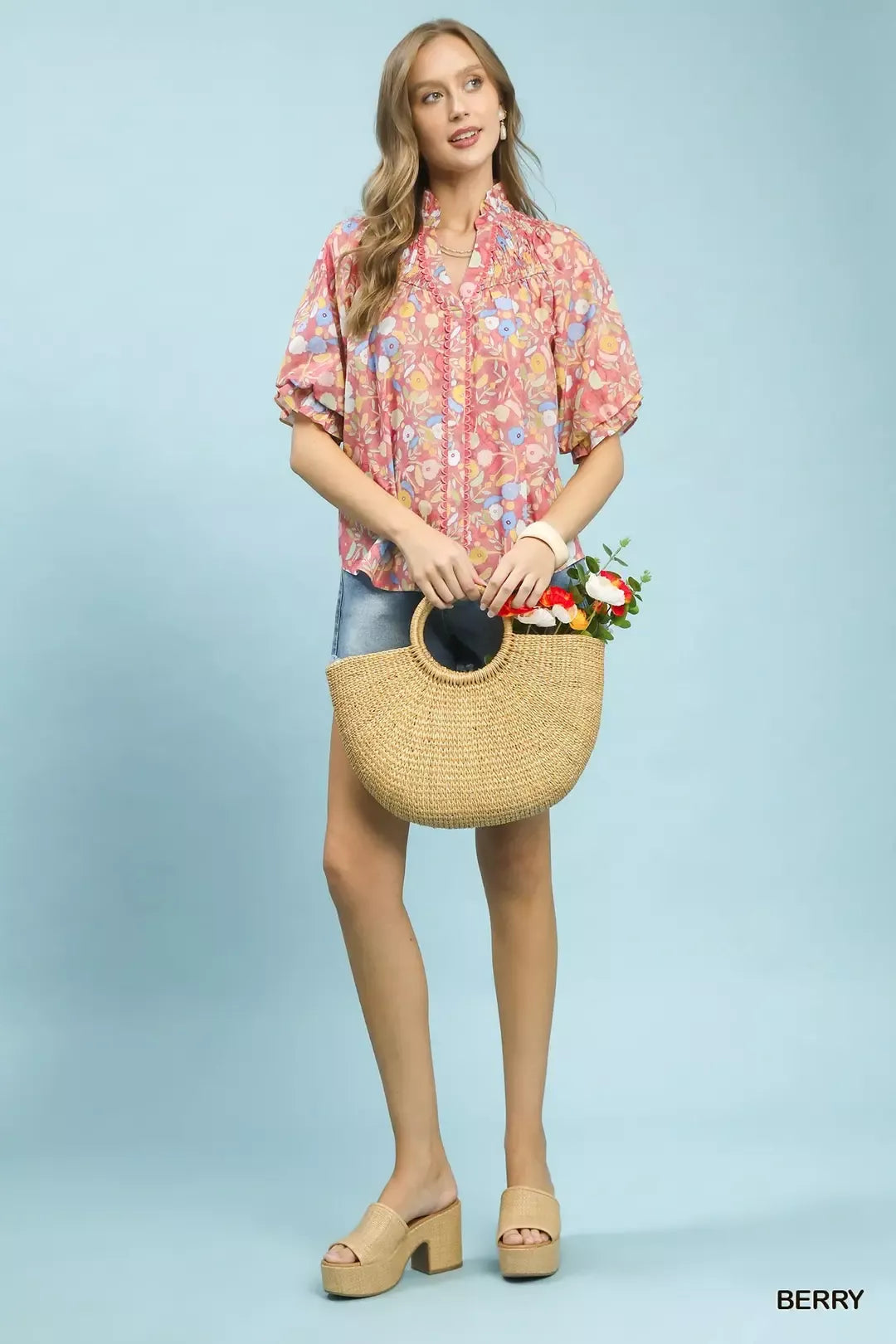 Umgee Smocked Floral Ruffle Trim Top 1