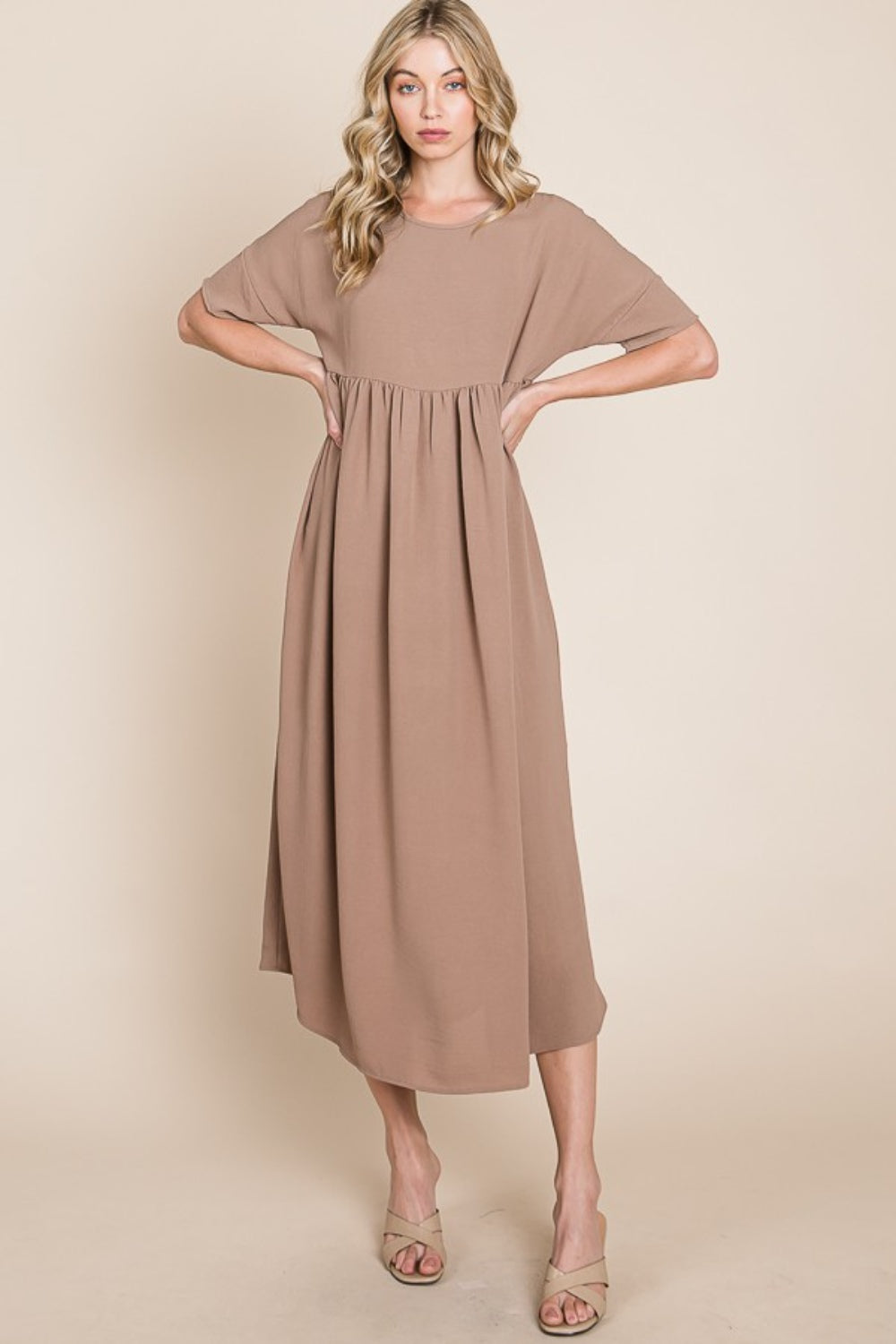 Mocha Bombom Round Neck Ruched Midi Dress