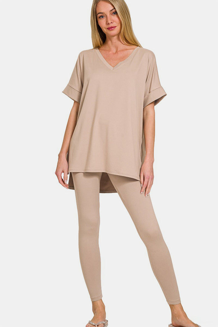 Lt Mocha Zenana Full Size V Neck Rolled Short Sleeve T Shirt And Leggings Lounge Set 1