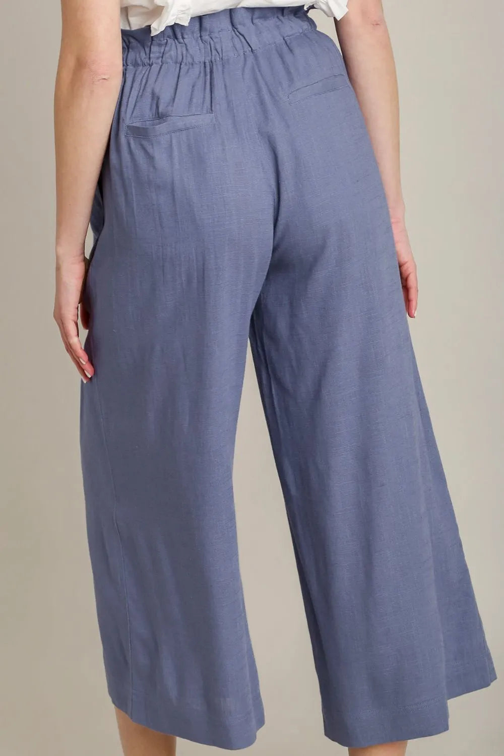 Dusty Blue Umgee Full Size Linen Wide Fit Pants With Drawstring Plus Size