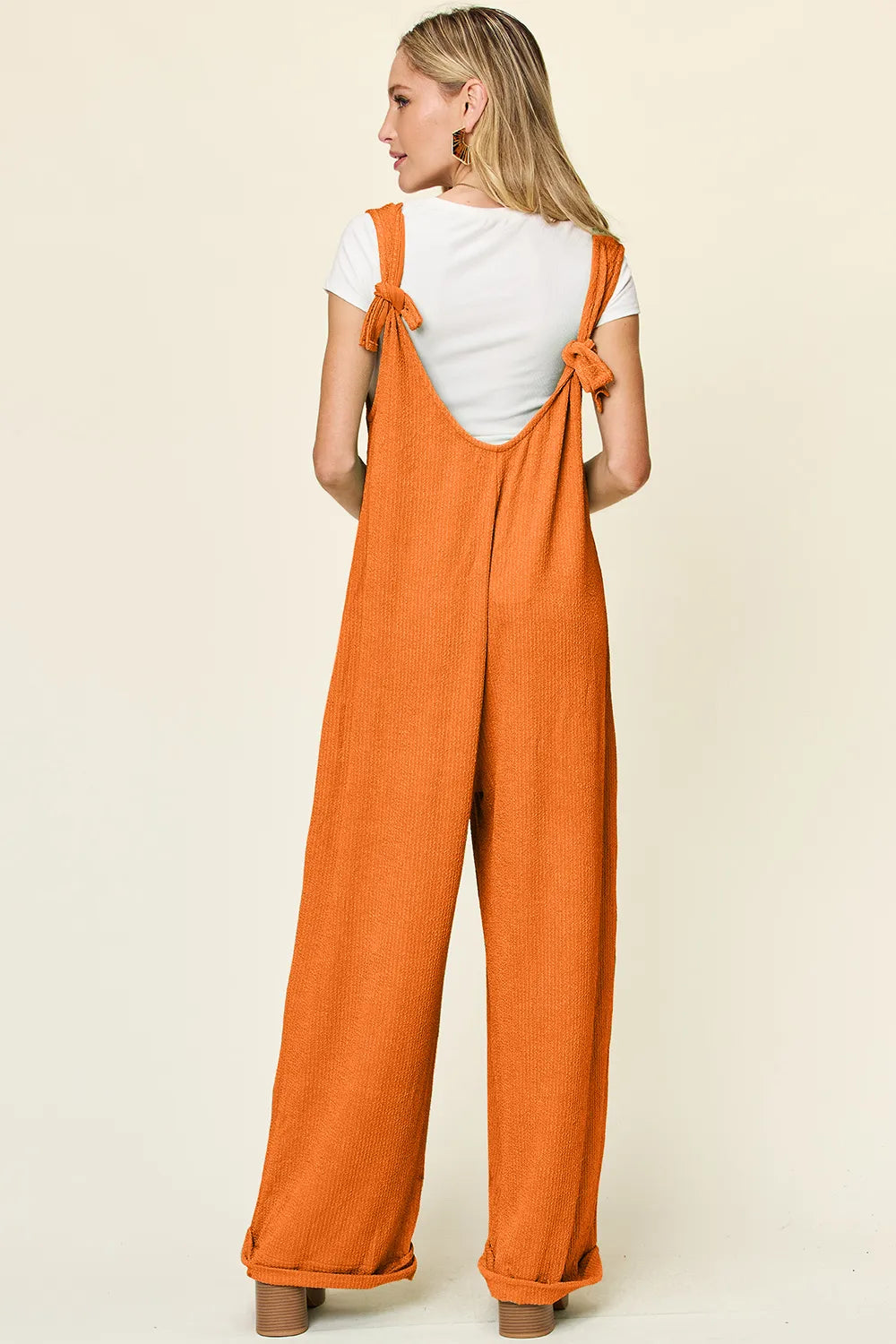 Tangerine Double Take Full Size Texture Sleeveless Wide Leg Jumpsuit