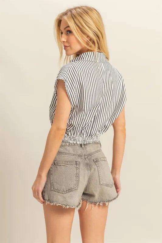 Black Hyfve Striped Elastic Hem Johnny Collar Cap Sleeve Blouse