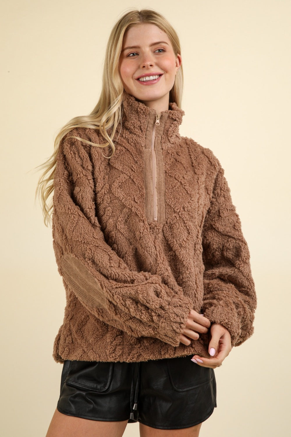 Mocha Very J Fuzzy Fleece Half Zip Cable Pattern Sweatshirt 2