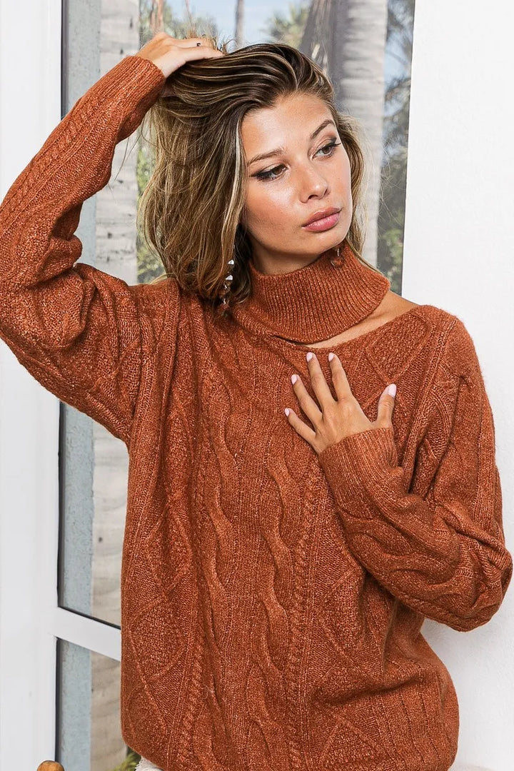 Rust Bibi Twist Knitted Mock Neck Sweater Open One Shoulder