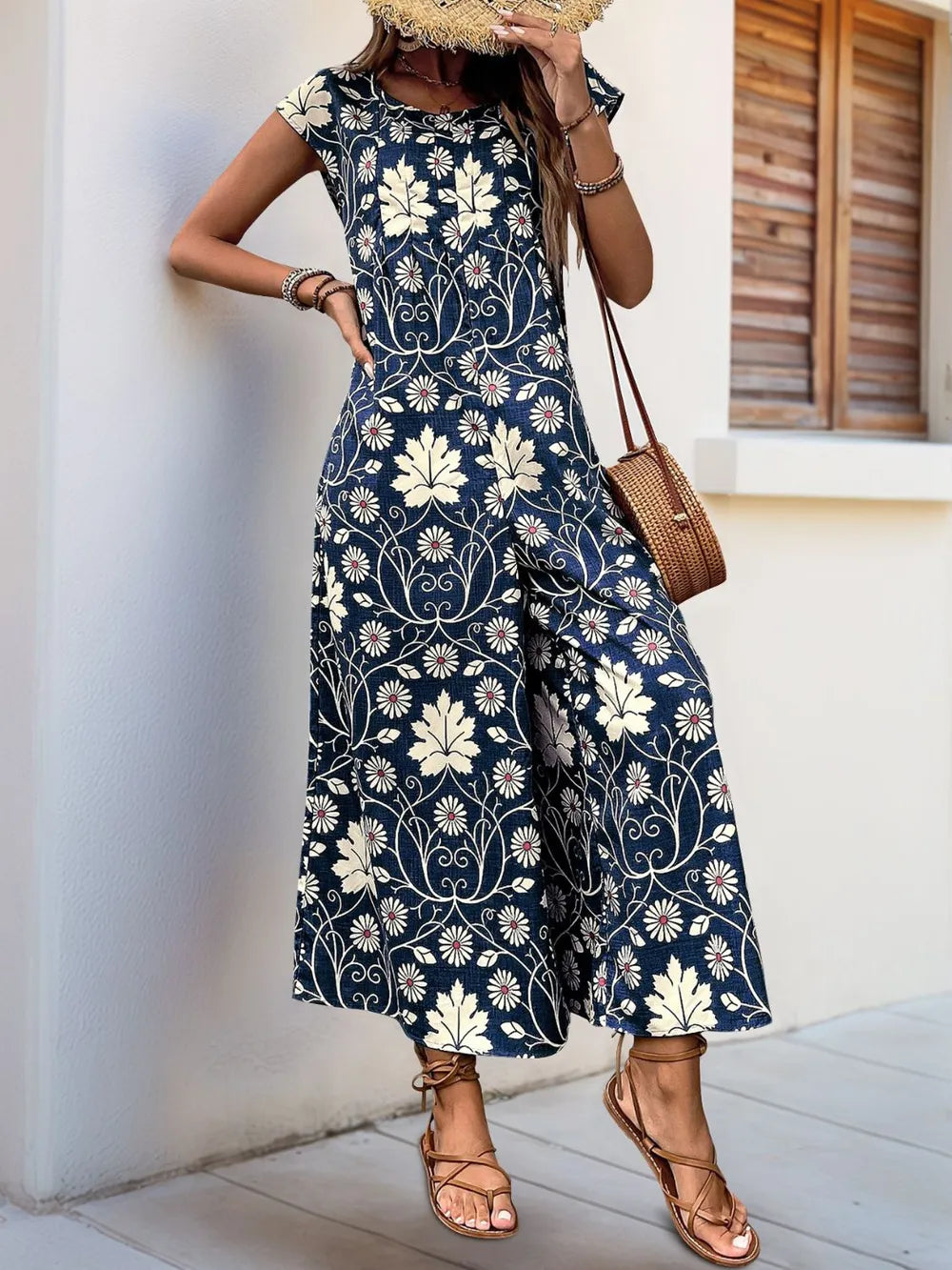 Navy Perfee Printed Round Neck Cap Sleeve Wide Leg Jumpsuit