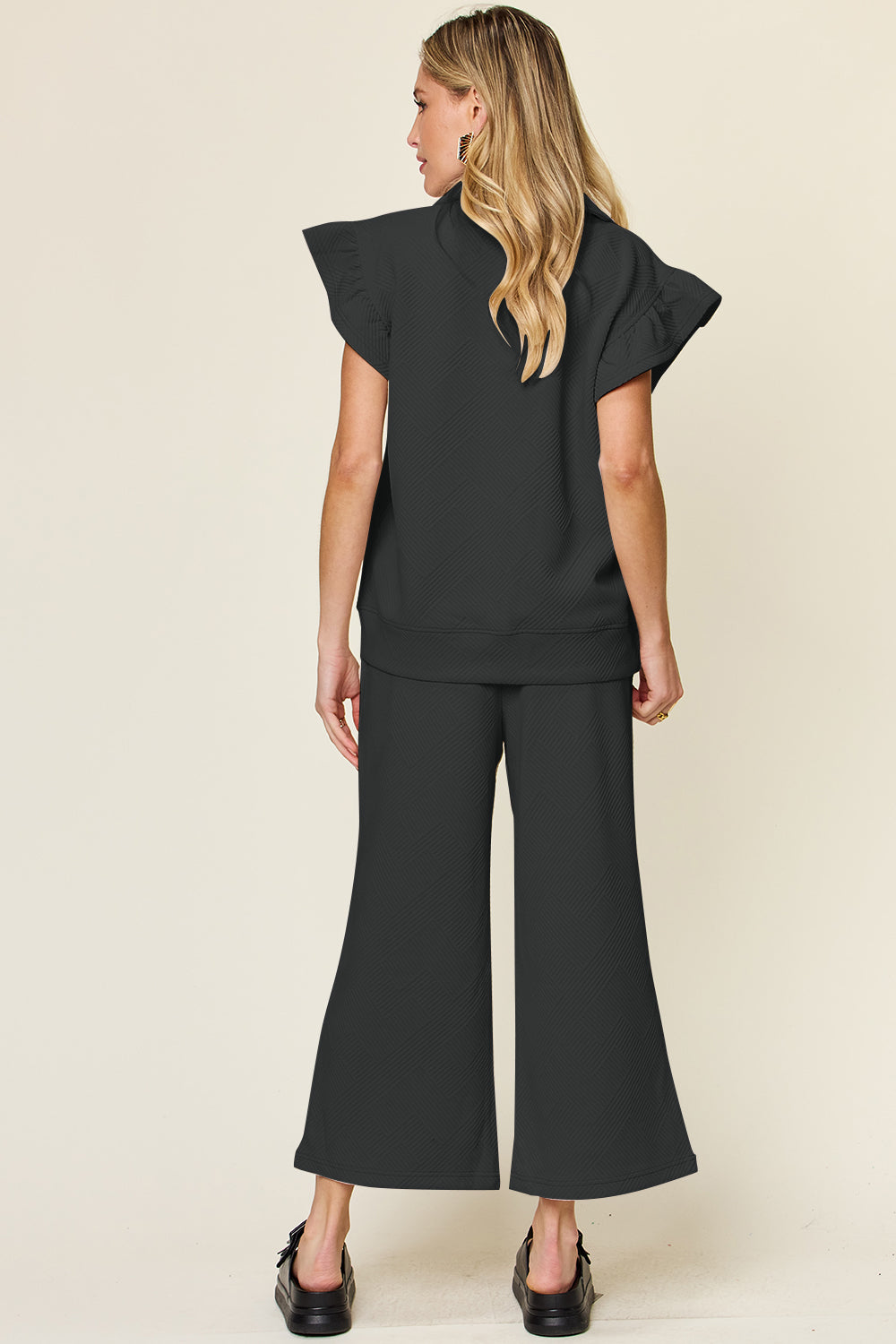 White Double Take Texture Ruffle Short Sleeve Top And Drawstring Wide Leg Pants Set