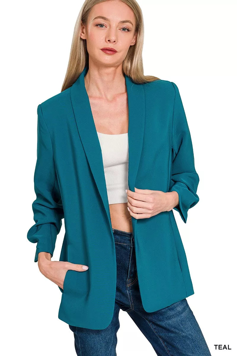 Teal Zenana Woven 3 4 Ruched Sleeve Open Front Classic Blazer 1