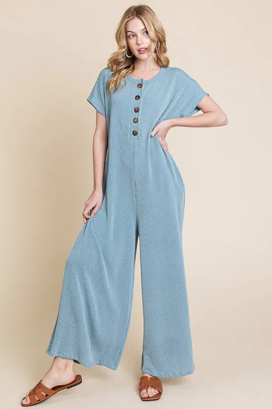 Denim Bombom Rib Knit Jumpsuit With Button Detail
