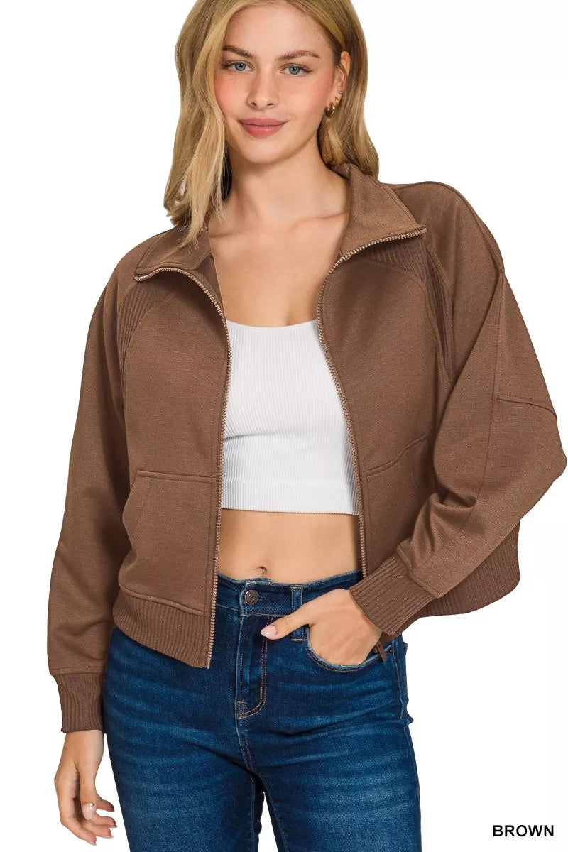 Brown Zenana Scuba Full Zip Cropped Jacket With Pockets