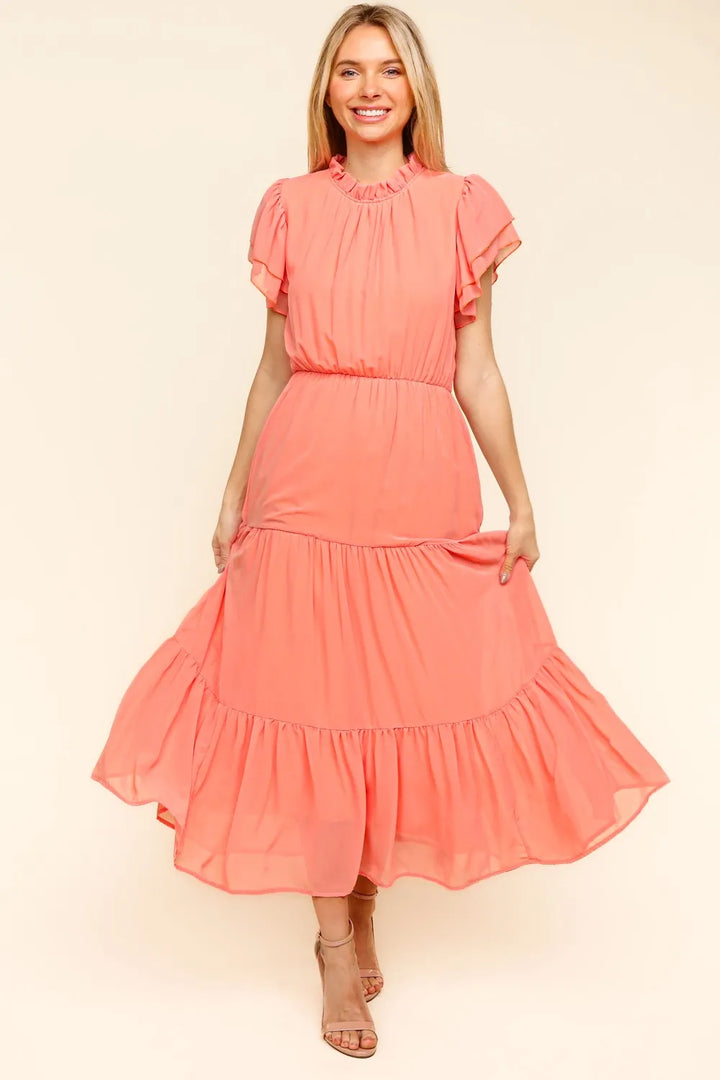 Peach Haptics Full Size Tiered Frill Mock Neck Short Sleeve Dress