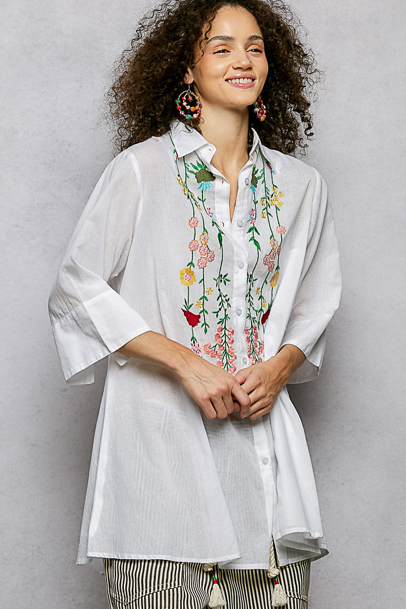 Ivory Pol Floral Embroidered Half Sleeve Cotton Shirt 1