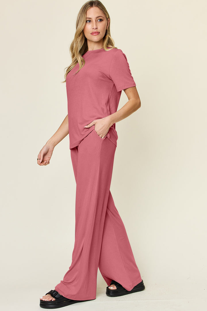 Light Green Double Take Full Size Round Neck Short Sleeve T Shirt And Wide Leg Pants Set