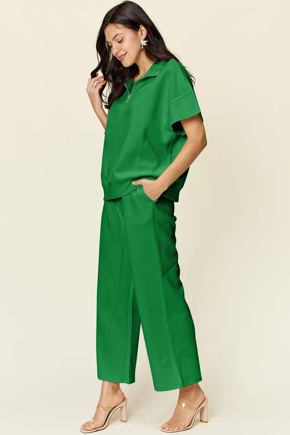 Green Double Take Full Size Texture Half Zip Short Sleeve Top And Pants Set 1