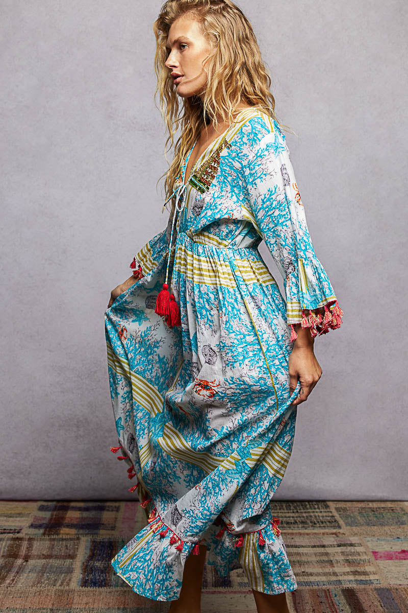 Pol Bohemian Print Tassel Trim Maxi Dress