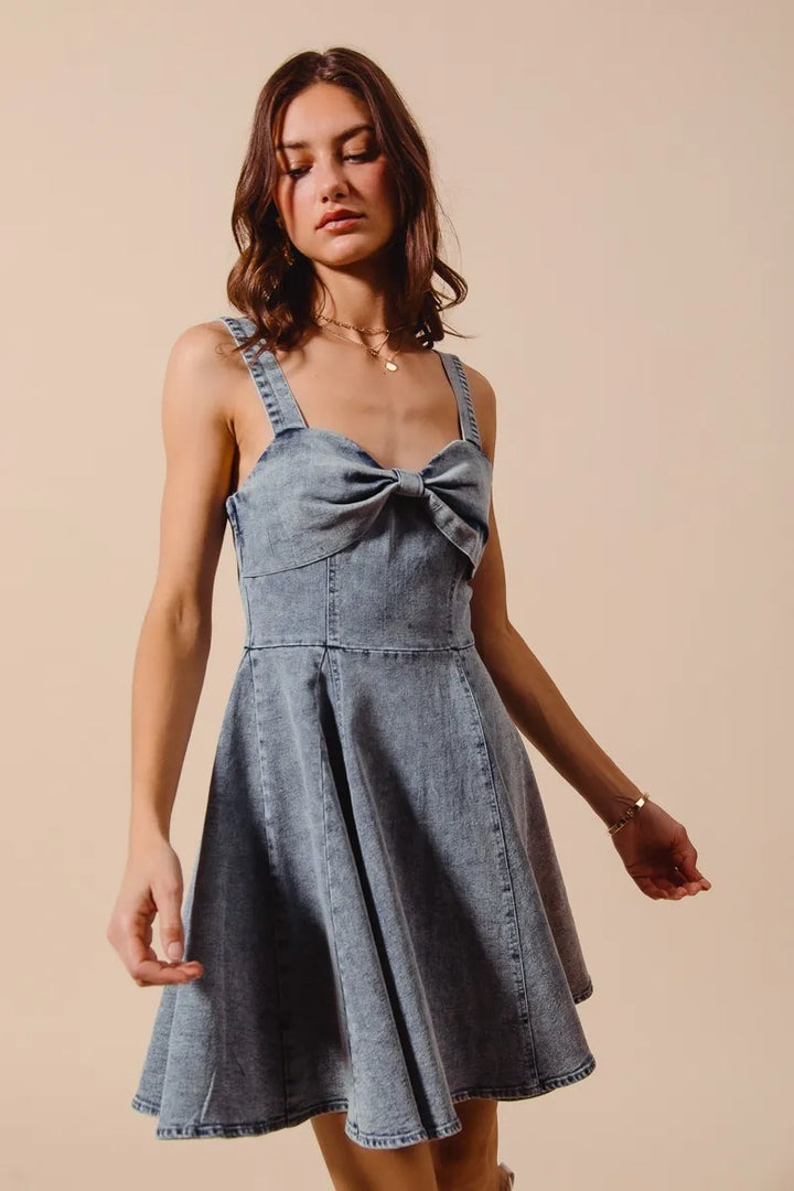 Denim So Me Mineral Washed Bow Ribbon Denim Flare Dress