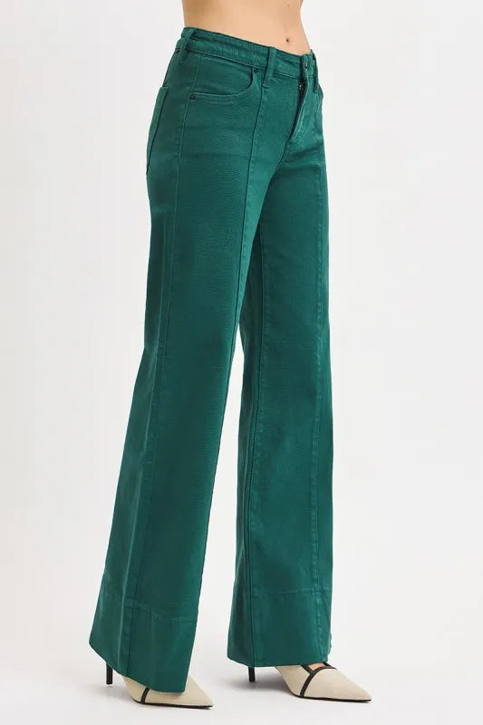 Hunter Green Risen Full Size Tummy Control Mid Rise Wide Leg Jeans Plus Size