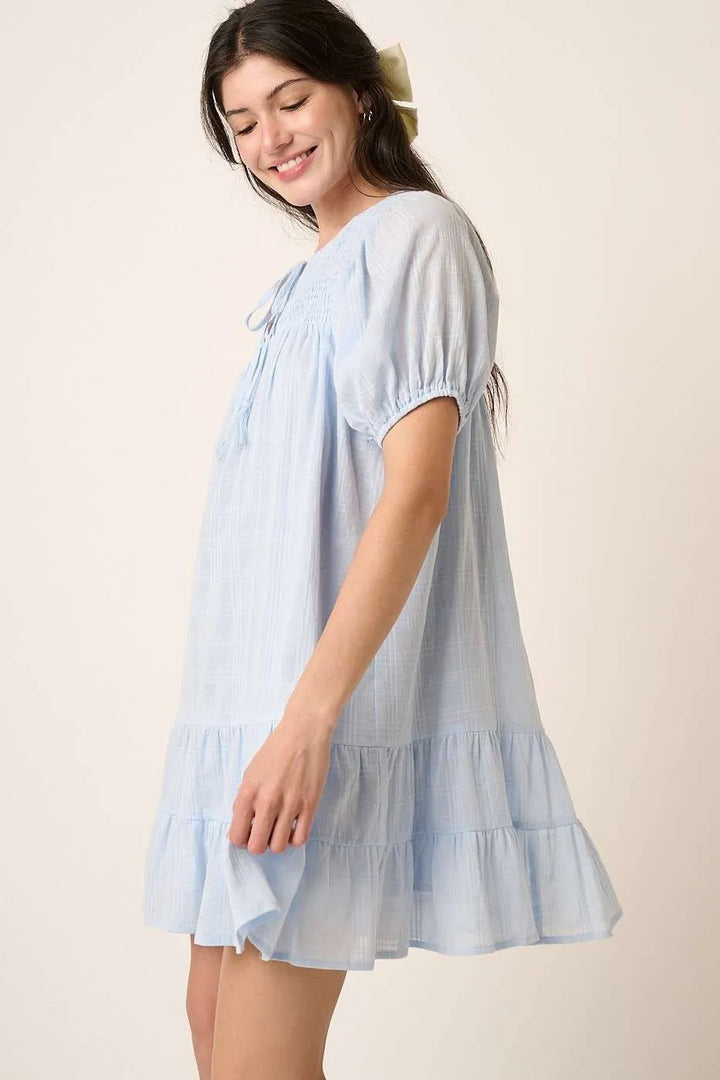 Mittoshop Tassel Tie Plaid Gauze Short Sleeve Mini Dress 1