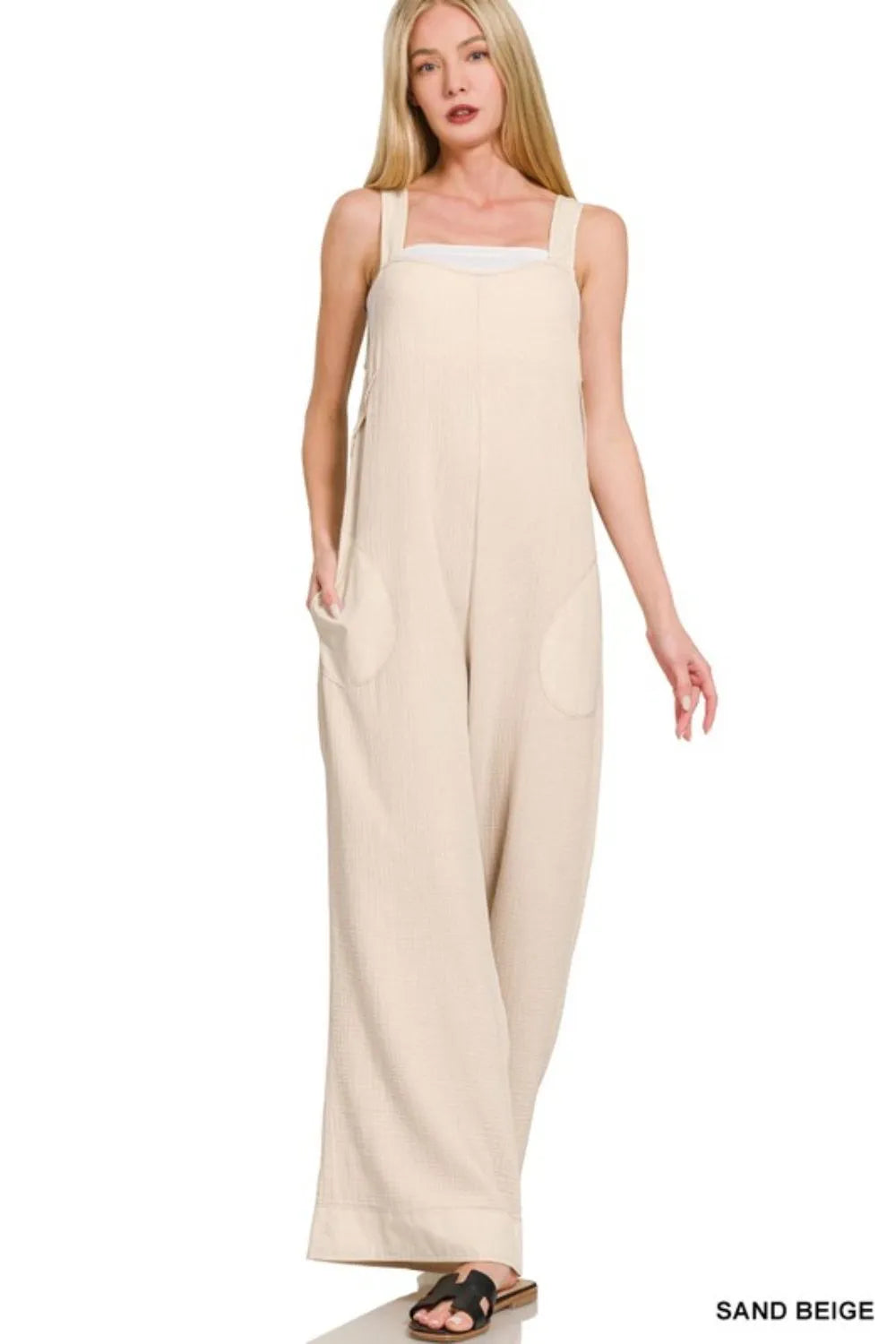 Sand Beige Zenana Double Gauze Washed Wide Leg Overalls