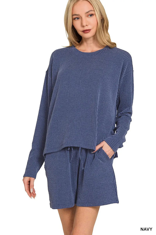 Navy Zenana Corded Rib Long Sleeve Tee And Shorts Set