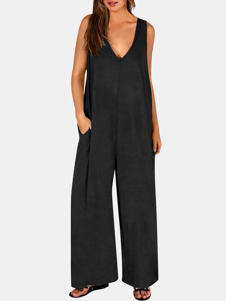 Caramel Full Size V Neck Wide Strap Jumpsuit