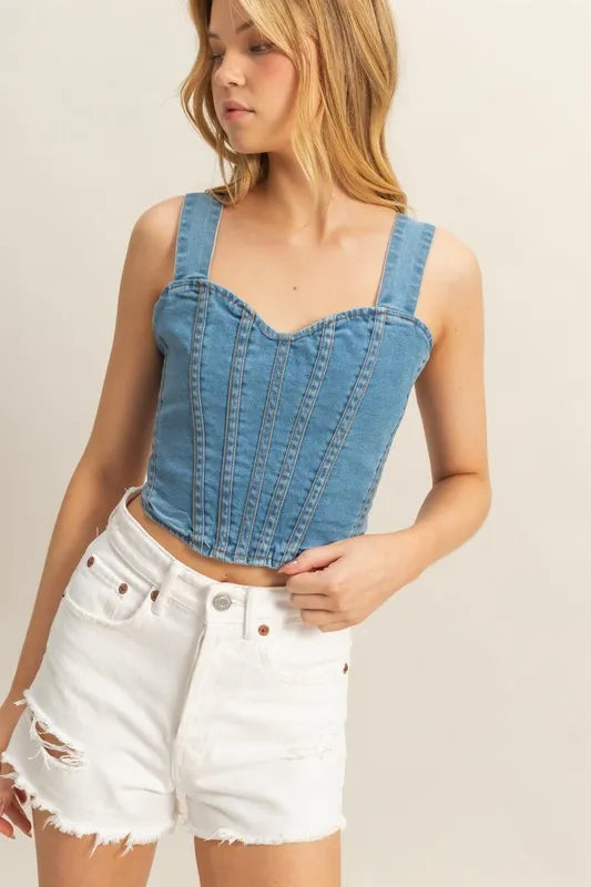 Light Hyfve Washed Sweetheart Neck Wide Strap Denim Tank