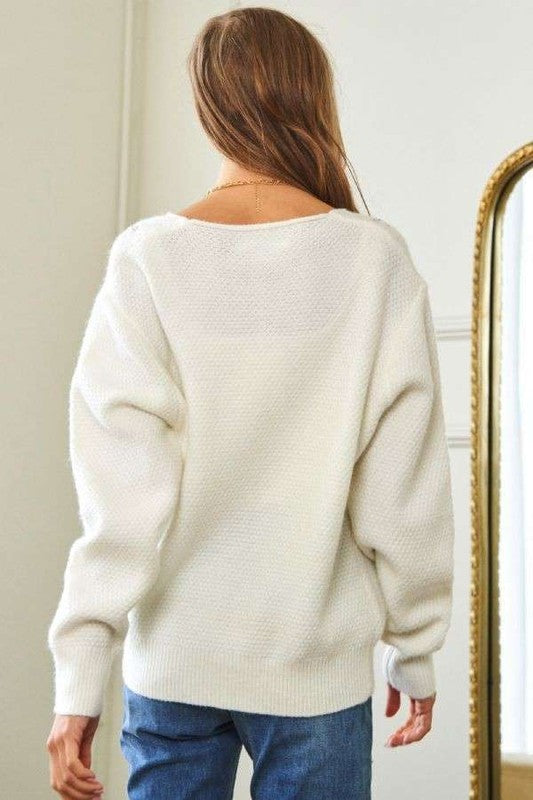 White Davi Dani Flower Embroidered Button Up Long Sleeve Cardigan