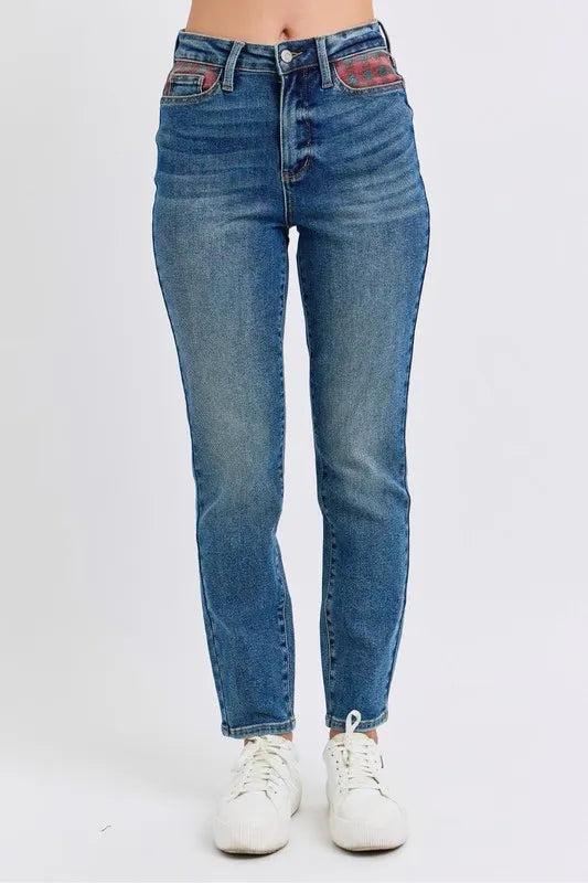 Md Judy Blue Full Size Hw Plaid Patch Slim Fit Jeans Plus Size