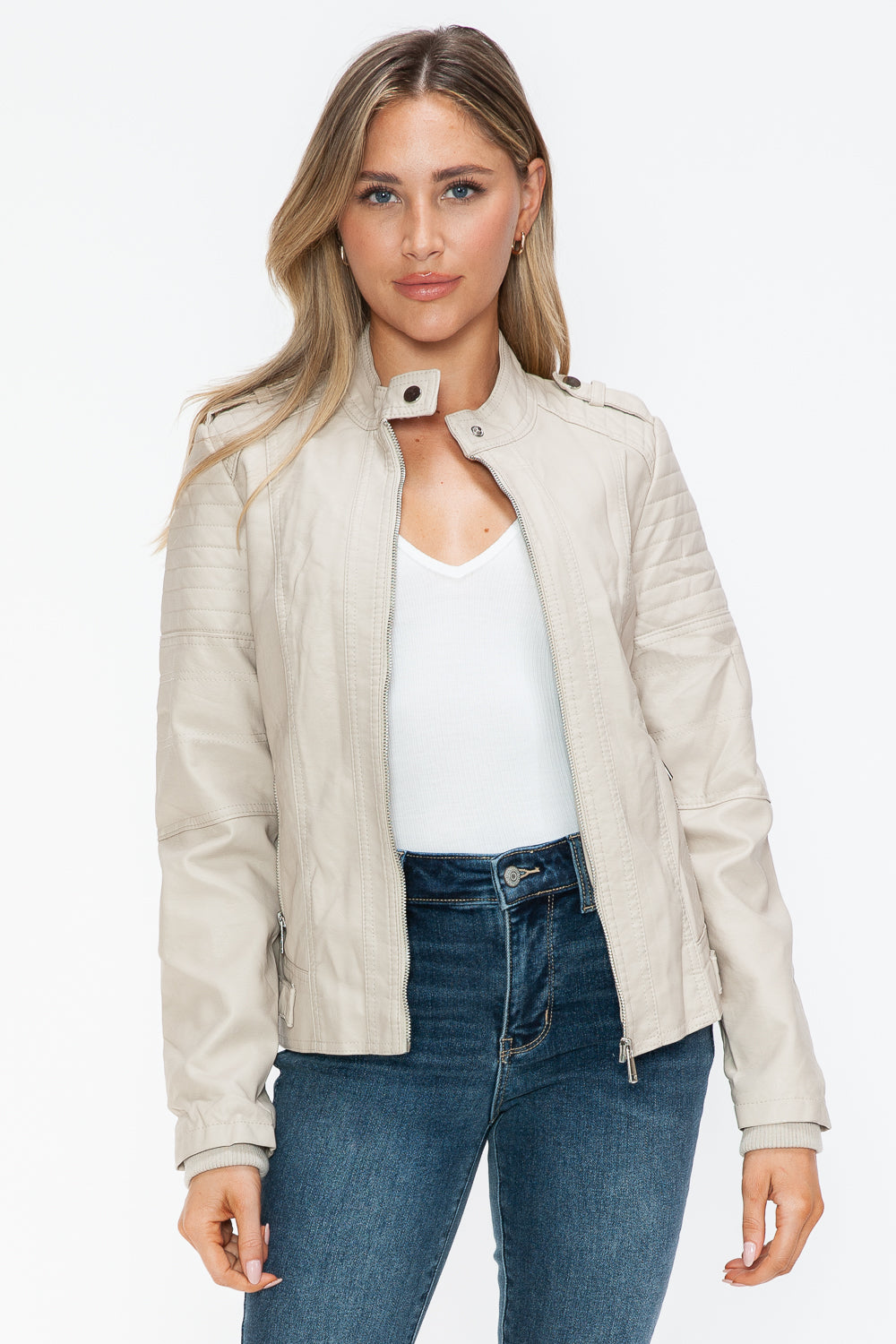 Sand Snobbish Pu Leather Biker Jacket With Side Zip Pockets 1