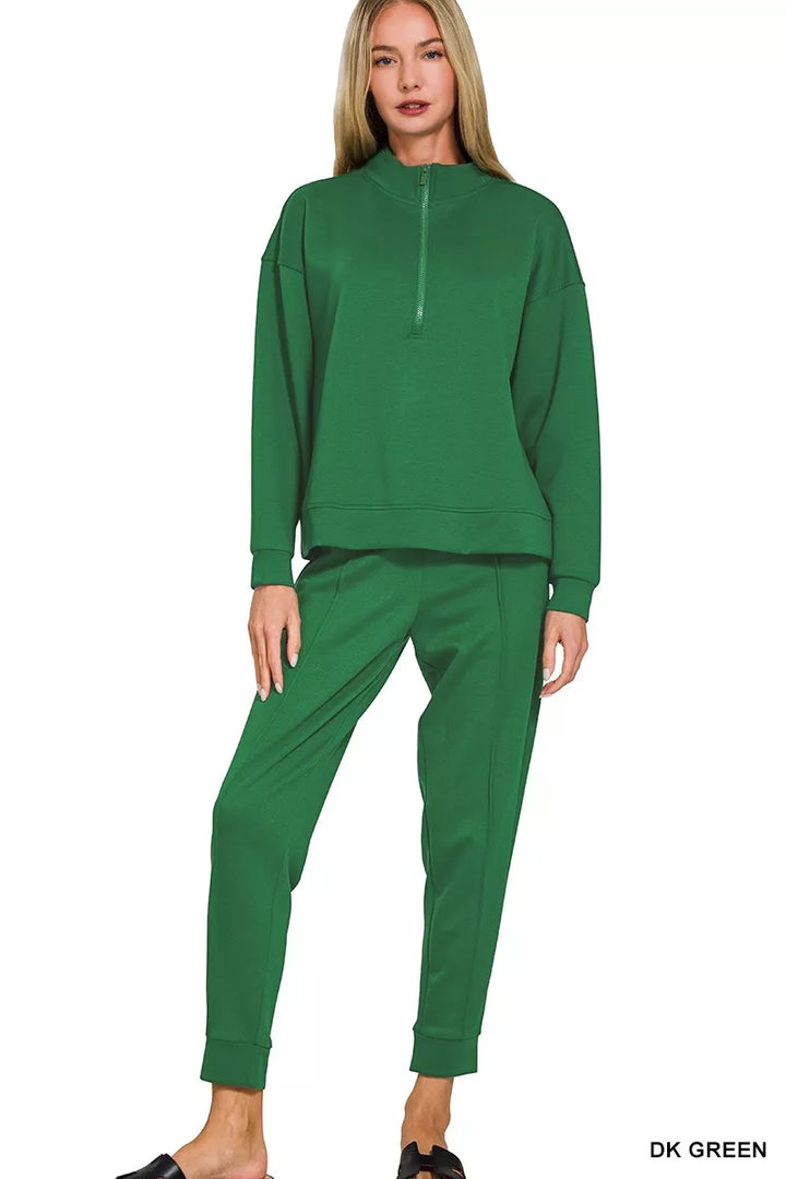 Dk Green Zenana Scuba Half Zip Pullover And Jogger Set