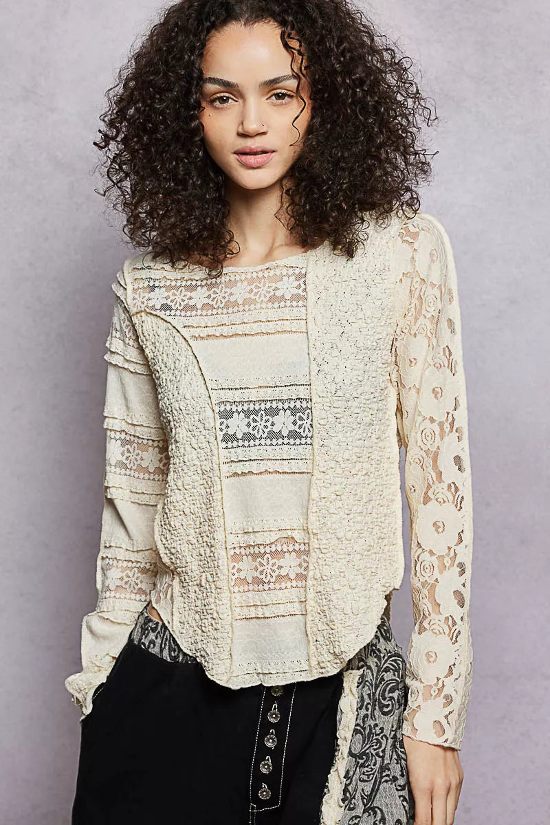 Natural Pol Round Neck Long Sleeve Exposed Seam Top With Lace Detail