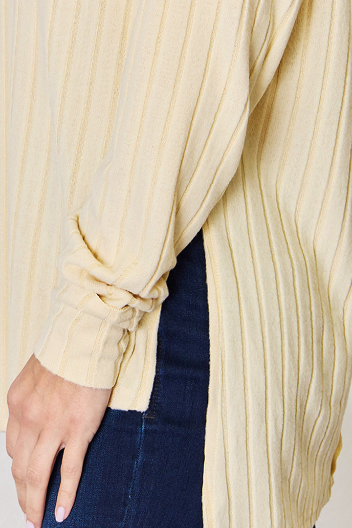 Light Gray Basic Bae Full Size Ribbed Round Neck Slit T Shirt