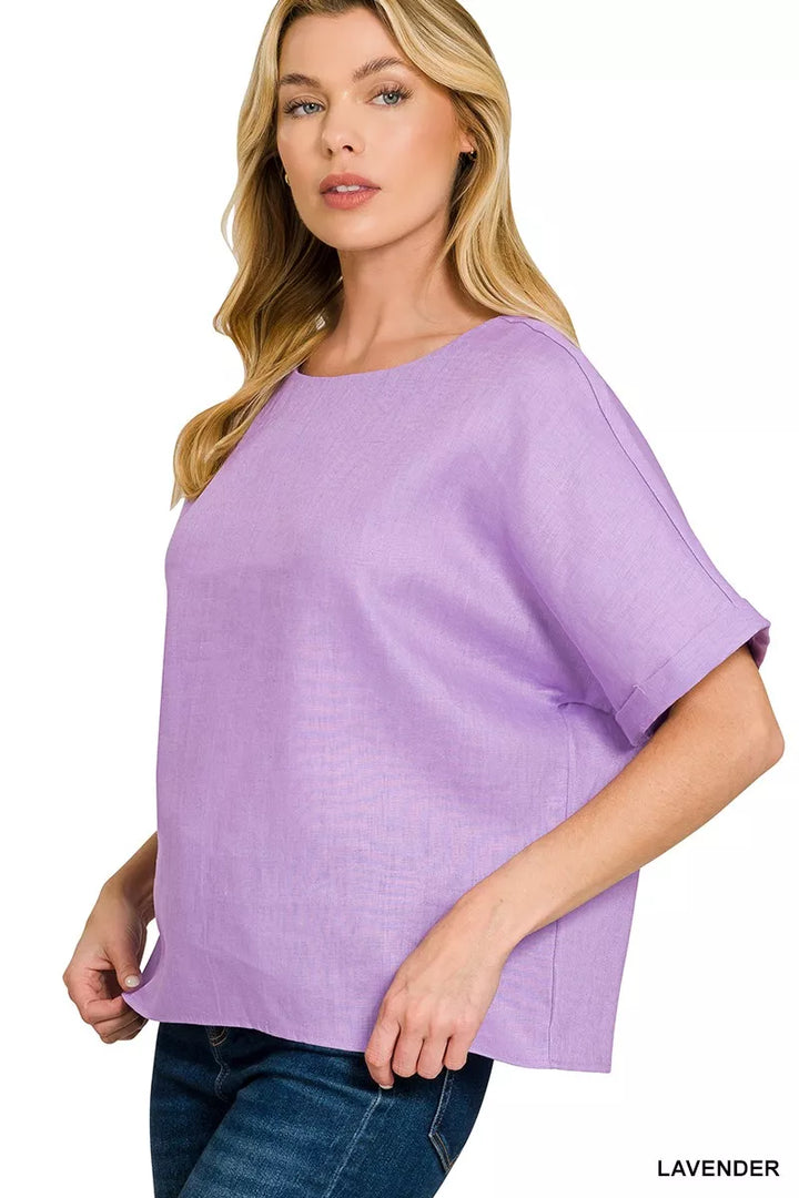 Lavender Zenana Linen Round Neck Cuffed Sleeve Top