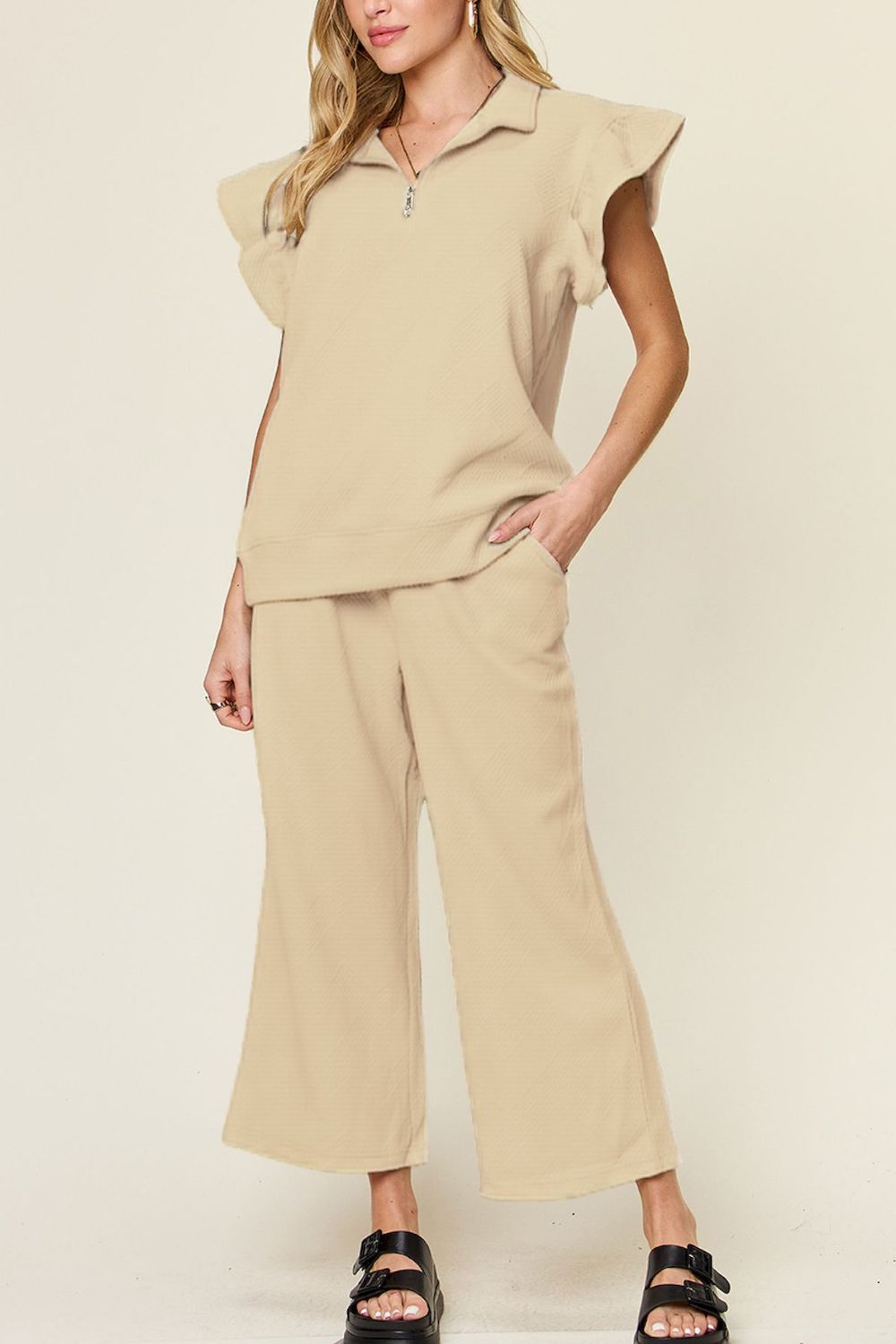 Deep Teal Double Take Texture Ruffle Short Sleeve Top And Drawstring Wide Leg Pants Set