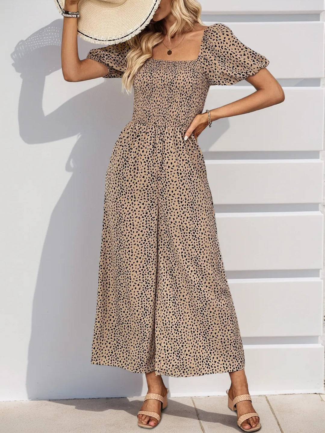 Dark Green Printed Square Neck Puff Sleeve Jumpsuit