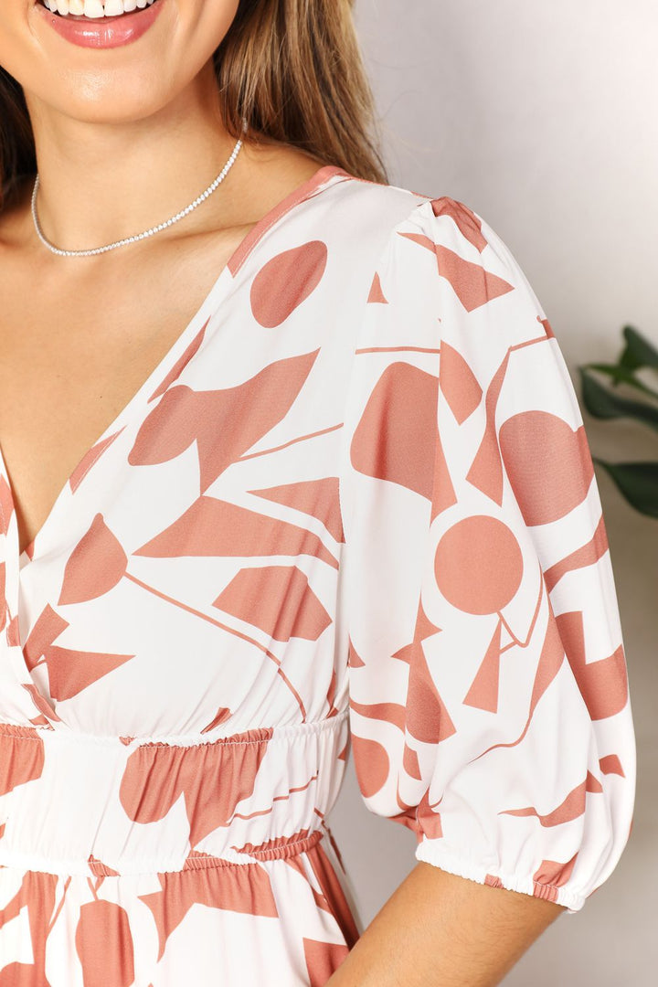 Black Printed Surplice Balloon Sleeve Dress