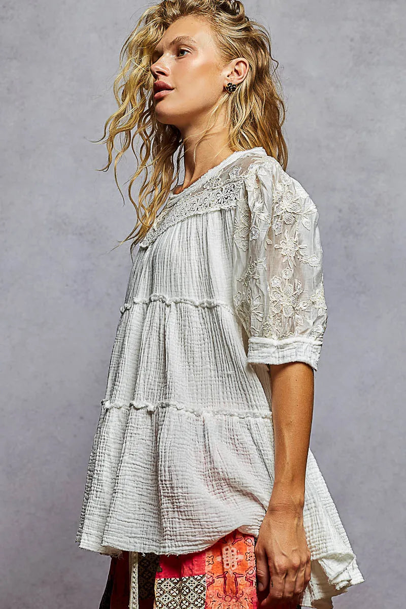 Offwhite Pol Lace Detail Tiered Round Neck Half Sleeve Blouse