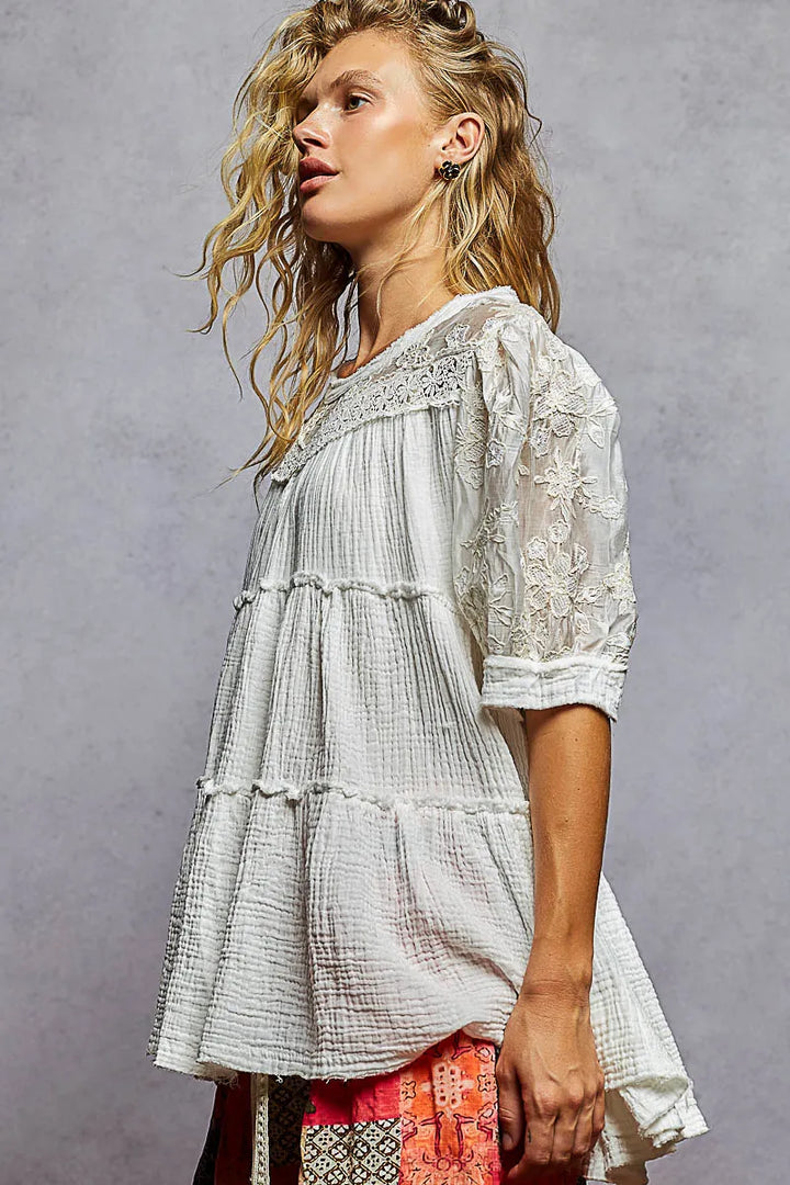 Offwhite Pol Lace Detail Tiered Round Neck Half Sleeve Blouse