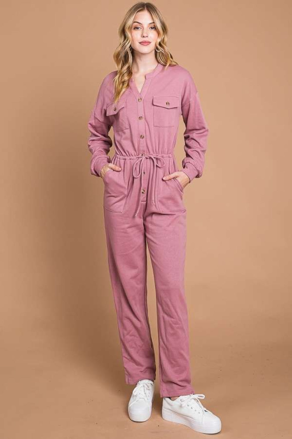 RED BEAN Culture Code Full Size Button Up Drawstring Waist Straight Jumpsuit