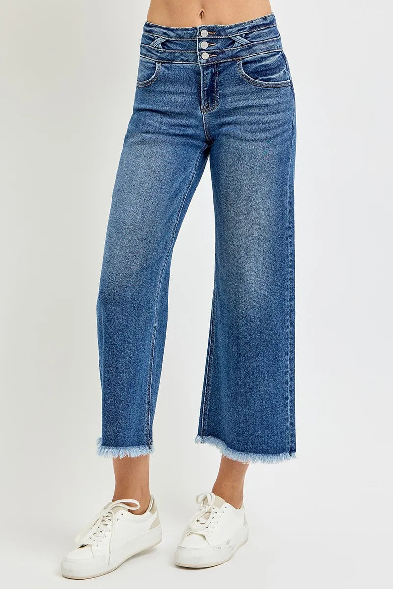 Dark Risen High Rise Crop Wide Leg Jeans With Wide Band Detail