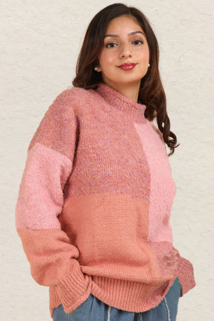 Pink Very J Color Block Mock Neck Drop Shoulder Sweater 2