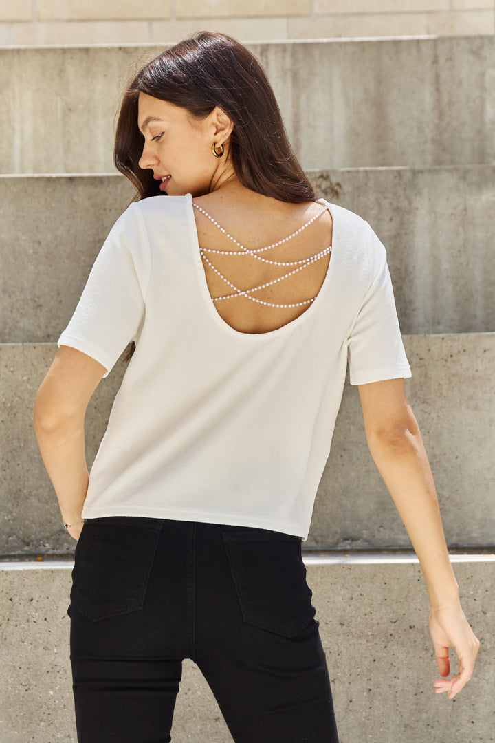 Off White And The Why Pearly White Full Size Criss Cross Pearl Detail Open Back T Shirt