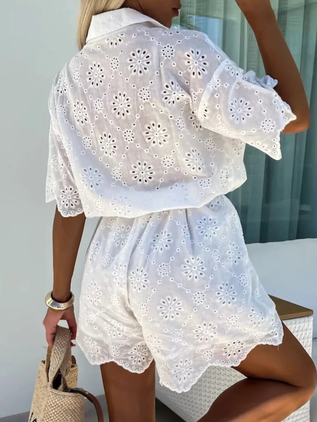 White Eyelet Lace Button Up Romper