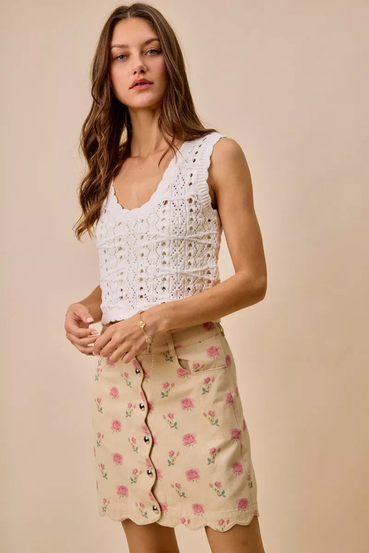 So Me Floral Rose Print Cotton Twill Scallop Mini Skirt