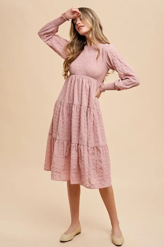Mauve Annie Wear Textured Smocking Bodice Tiered Midi Dress 1