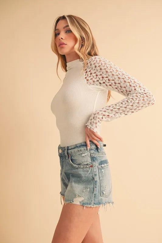 White Aemi Co Mock Neck Lace Long Sleeve Knit Top