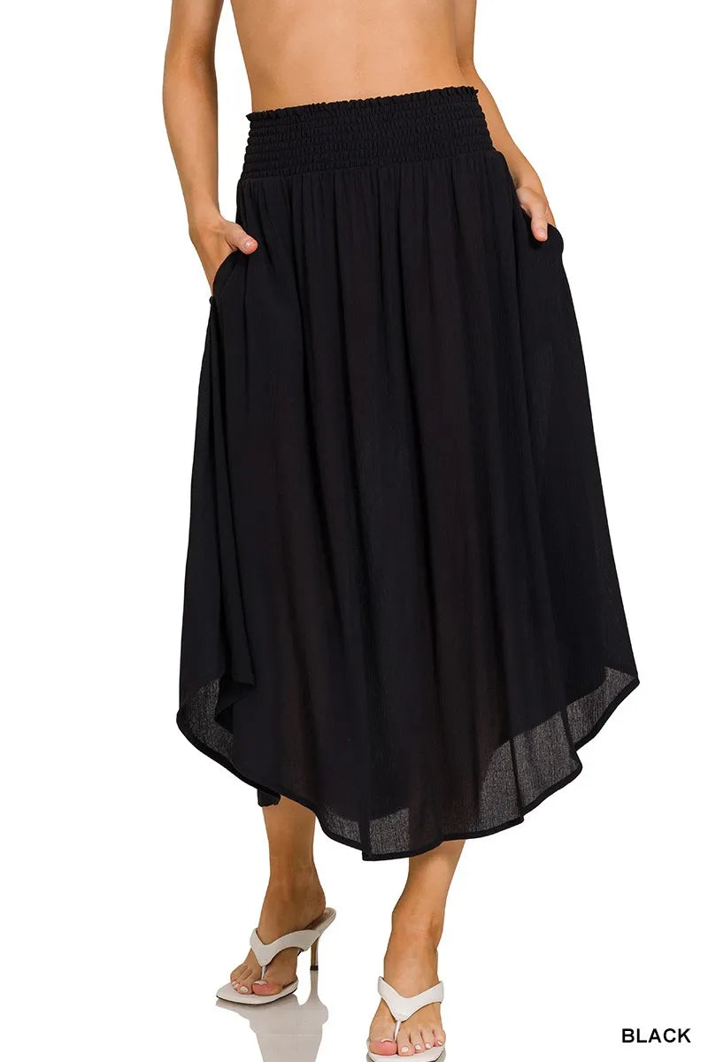 Black Zenana Woven Crinkle Smocked Waist Maxi Skirt W Pockets 1