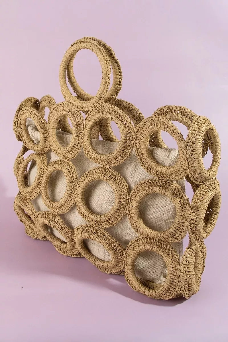 Iv Fame Straw Round Pattern Mesh Hand Bag