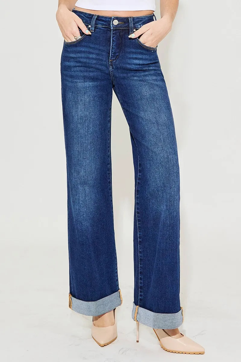 Dark Risen Full Size Tummy Control High Rise Wide Leg Cuffed Jeans Plus Size