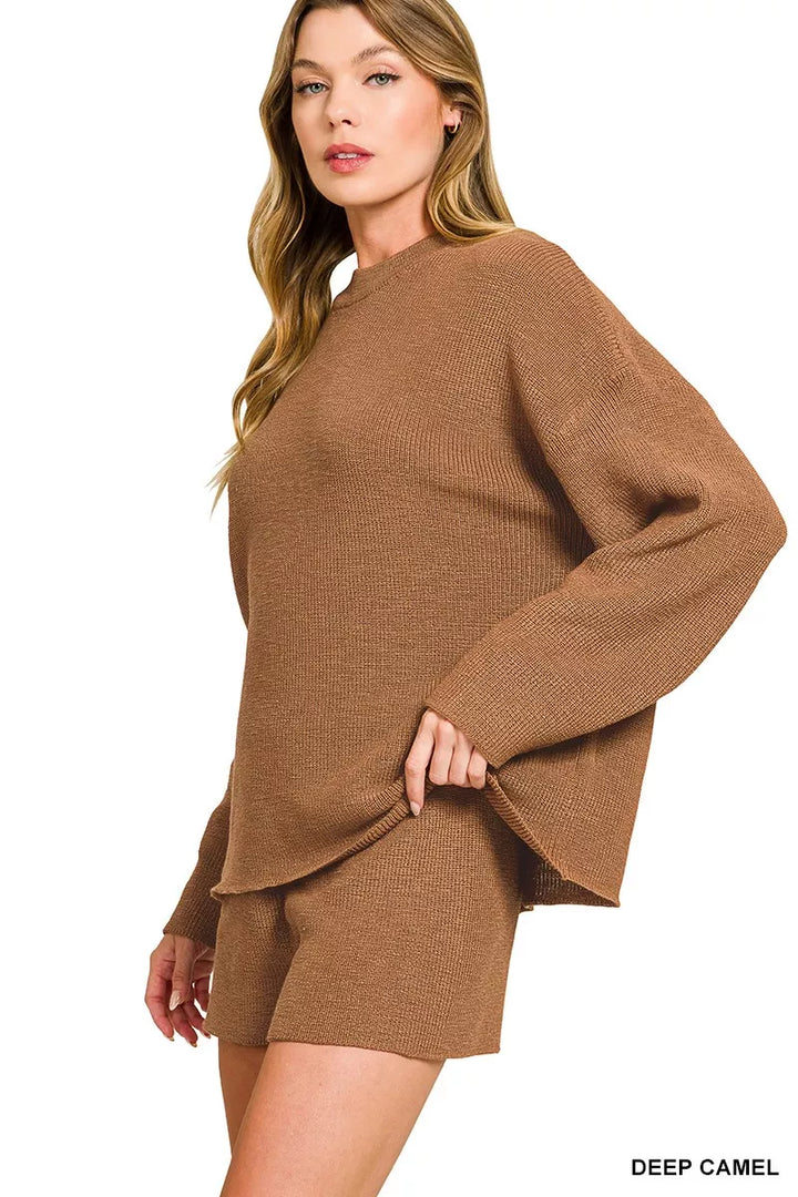 Deep Camel Zenana Round Neck Knit Top And Shorts Sweater Set 4