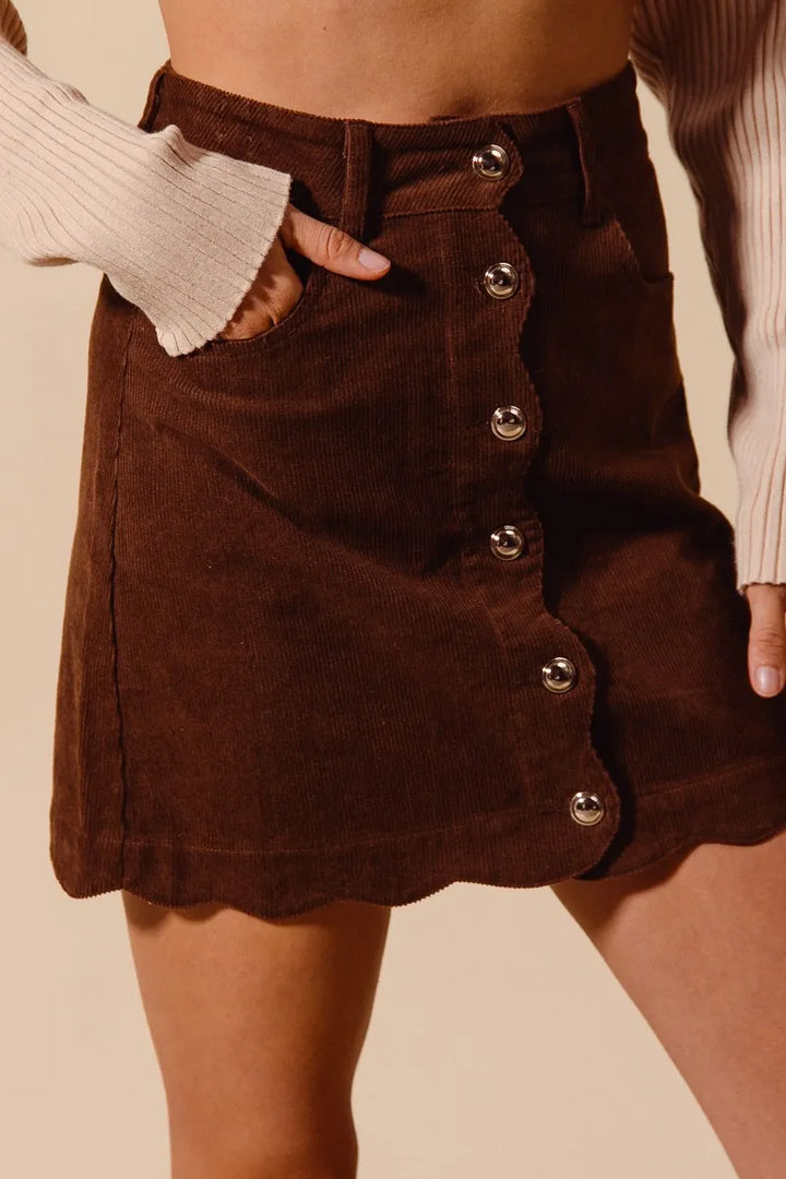 Mocha So Me Scallop Buttoned Front Corduroy Mini Skirt 2